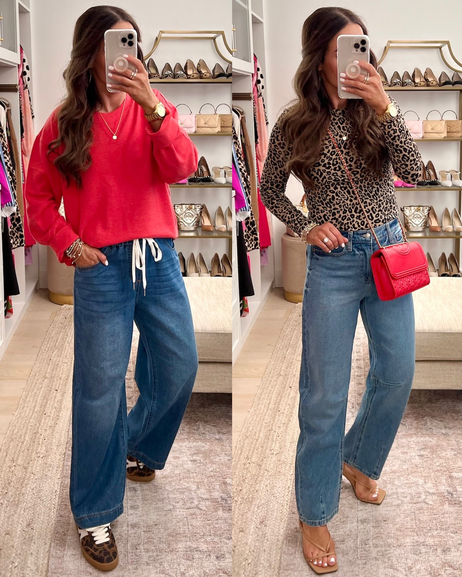 Loving these new outfits from Walmart! The red sweatshirt looks lighter online but it’s this shade in person. Sized up to a M. Leopard top is a S and size down in the barrel jeans. Tie waist jeans are a small so tts 