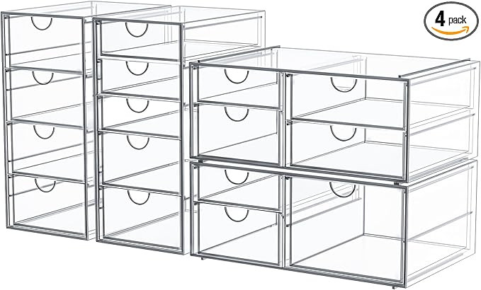 Makeup Organizer Storage with 16 Drawers, 4 Pcs Desktop Office Supplies, Desk Organizers, Clear A... | Amazon (US)