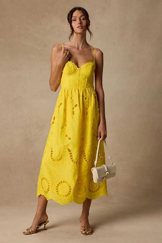 Jenora Yellow Embroidered Bustier Midi Dress | Lulus
