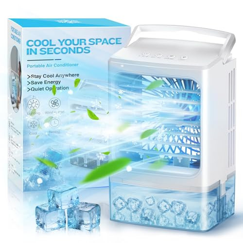 Evaporative Air Cooler - Small Portable Air Conditioner - 4 in 1 Air Conditioner Fan - Indoor Mini AC Unit for Bedroom with Timer, 3 Speeds, 7 Color Night Light | Amazon (US)