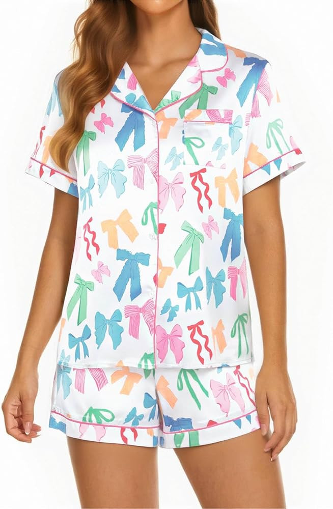 LUKYCILD Women Satin Pajama Set Bow Graphic Pajamas Short Sleeve Button Down Sleepwear 2 Piece Pj... | Amazon (US)
