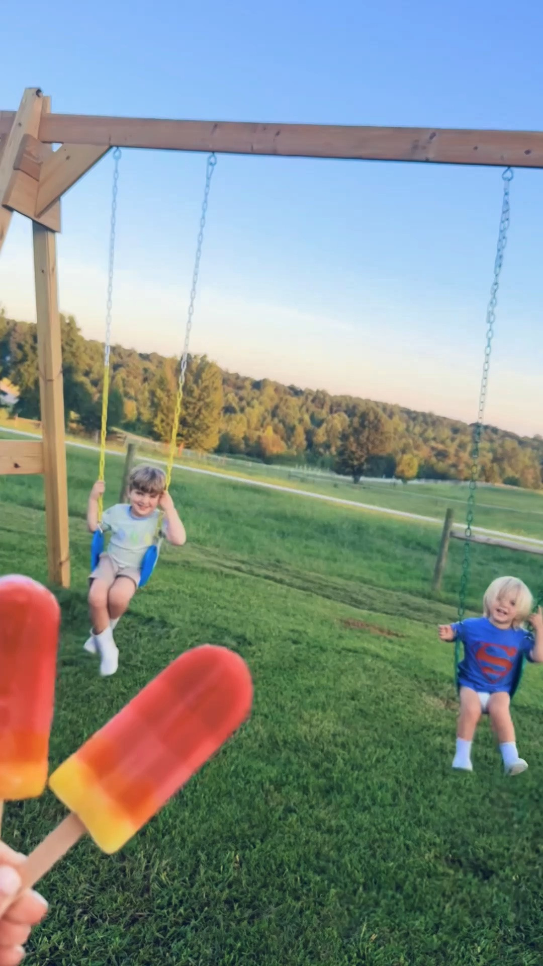 And this hot 🌞 August evening called for some @jonnypops on the pasture swingset, too!!! 😋