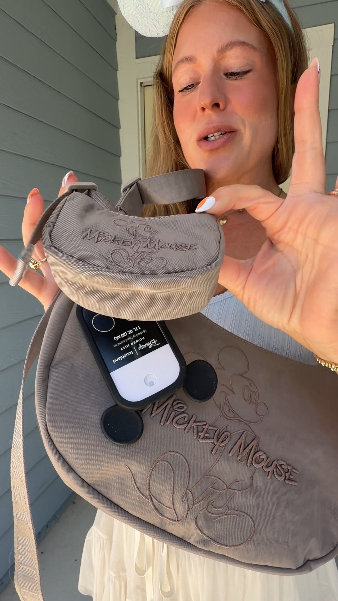 Mickey crescent taupe bag for the parks #disneyoutfit #disneyaccessories #disneybag #mickeymouse

#LTKootd