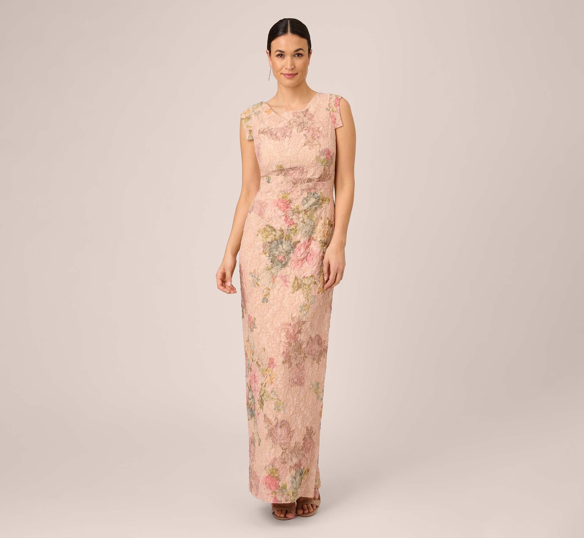 Floral Metallic Stretch Matelasse Long Column Gown In Pink Multi | Adrianna Papell
