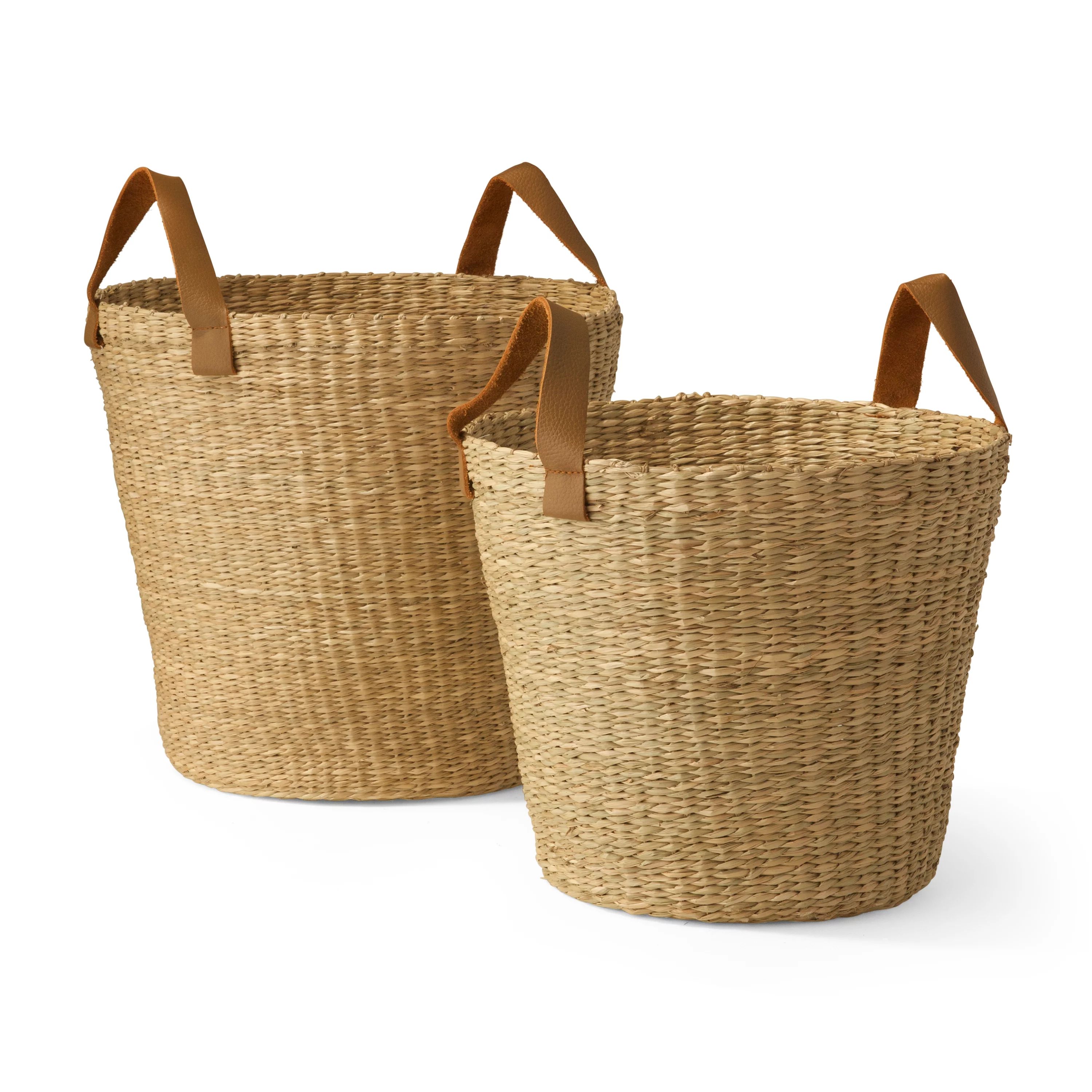 MoDRN Naturals Floppy Seagrass Basket with Leather Handles, Round Tapered, Set of 2 - Walmart.com | Walmart (US)