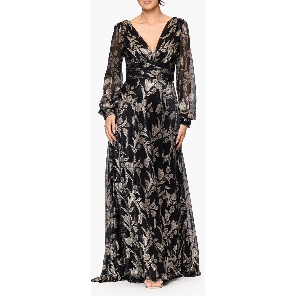 Betsy & Adam Metallic Floral Long Sleeve Crinkle Mesh Gown in Black/gold at Nordstrom Rack, Size 8 | Nordstrom Rack
