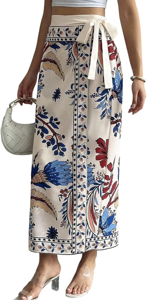 Womens Floral Wrap Midi Skirt Summer Adjustable Tie Side Casual High Waist A Line Beach Boho Long... | Amazon (US)