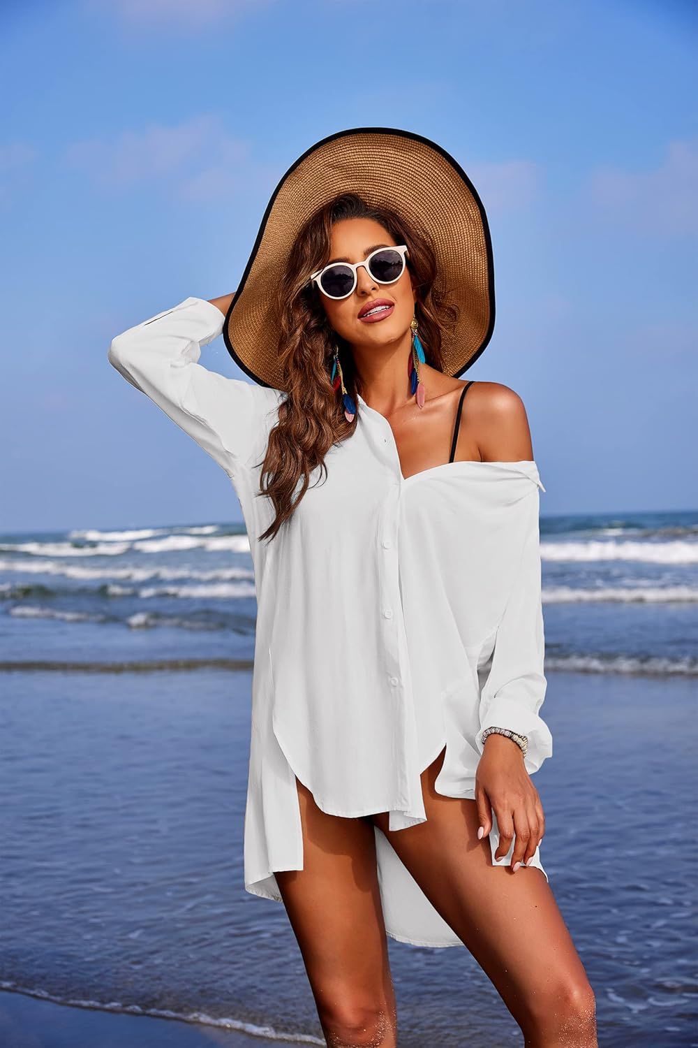 ELESOL Women's Cover Up Shirts for Swimwear Beachwear V Neck Long Sleeve Swimsuit Coverup S-XXL | Amazon (US)