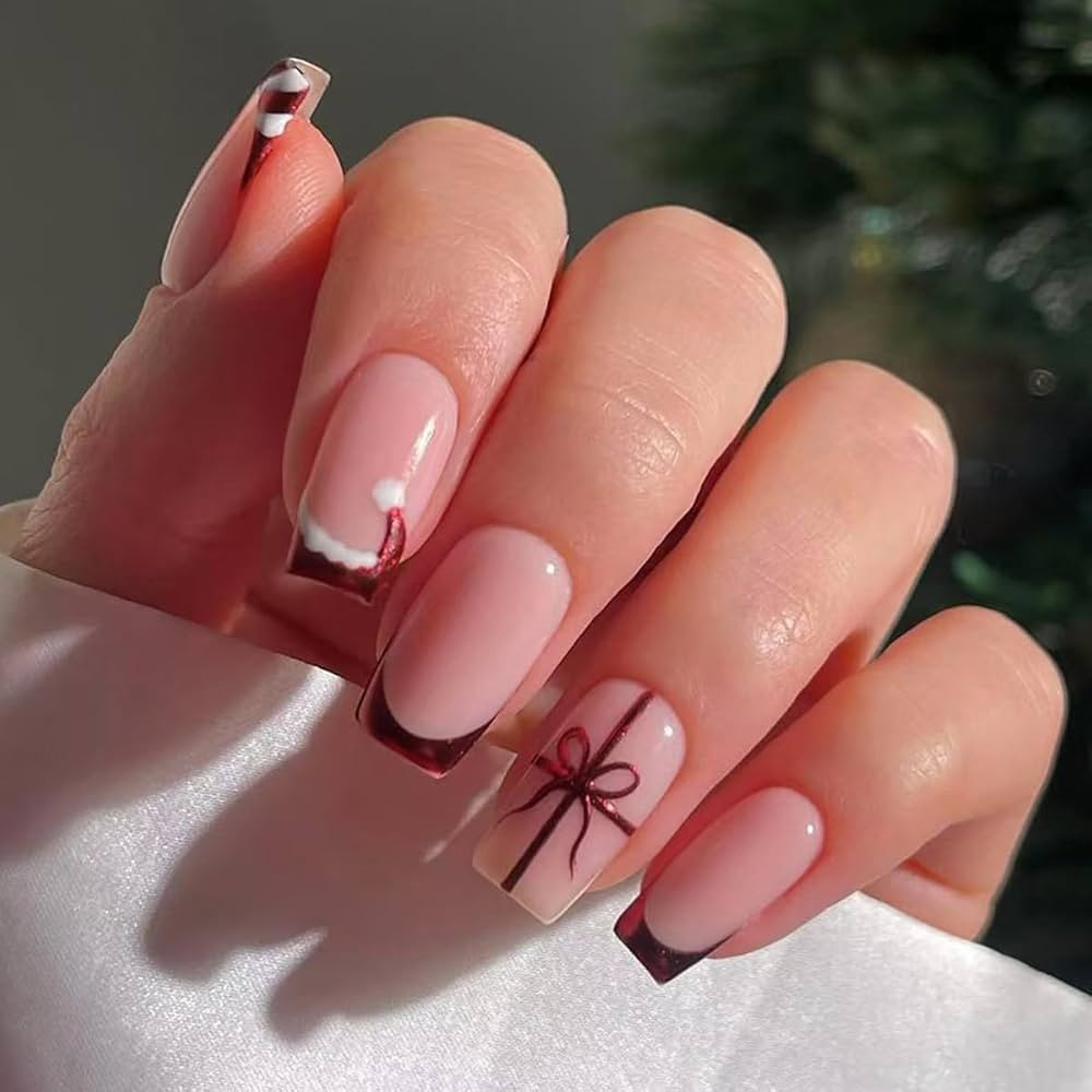 Red Christmas Press on Nails Medium Square Fake Nails Holiday Nails Press ons with Santa Hat,Gift... | Amazon (US)