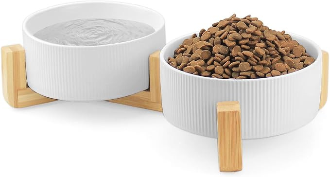 Ptlom Ceramic Pet Bowls for Dog and Cat, No Spill Dog Food and Water Bowl Set with Anti-Slip Wood... | Amazon (US)