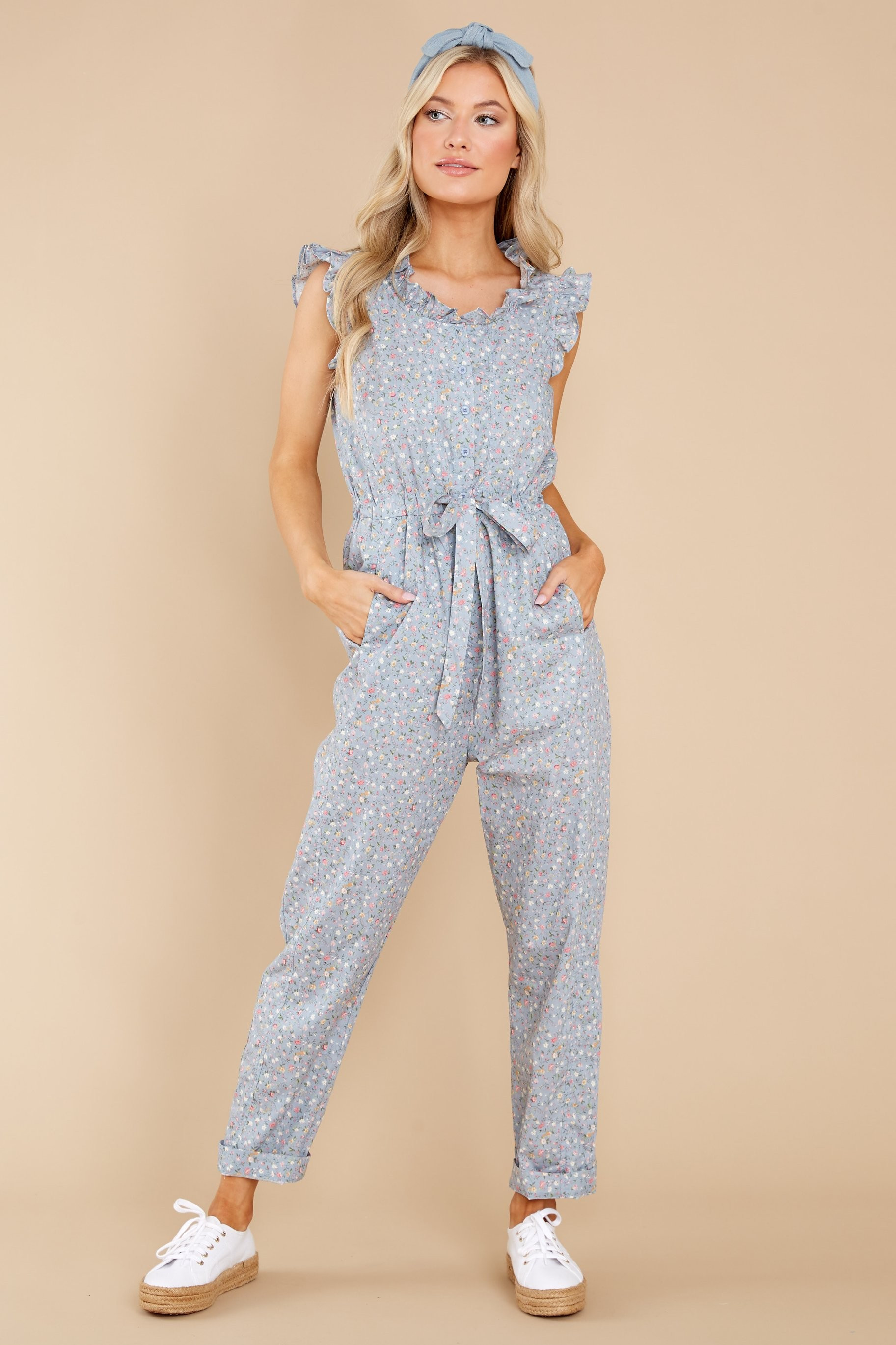 Innocent Gaze Dusty Blue Floral Print Jumpsuit | Red Dress 