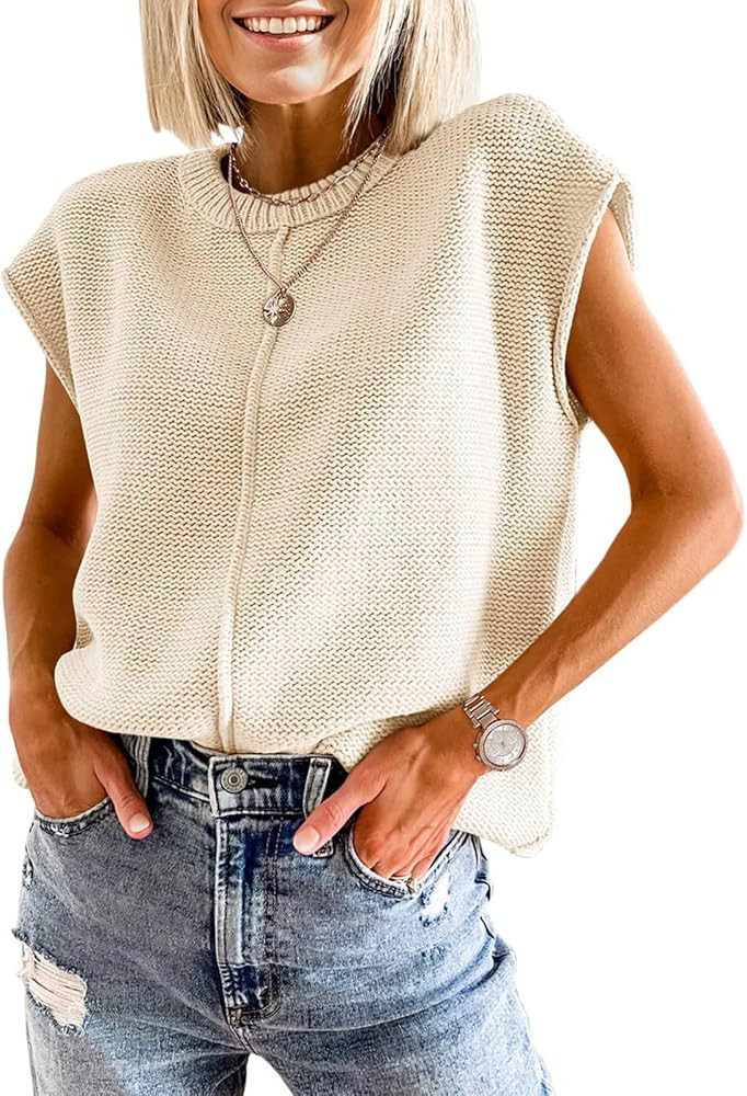 Womens Cap Sleeve Tops 2025 Trendy Tank Top Loose Knit Sweater Vests Cute Shirts Outfits Spring F... | Amazon (US)