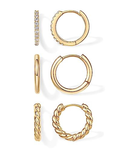 PAVOI 18K Yellow Gold Plated 925 Sterling Silver Posts 3 Pairs Small Hoop Earrings for Women - Cubic Zirconia Plain Rope Huggie Hoops Pack - Lightweight Earrings Set | Amazon (US)