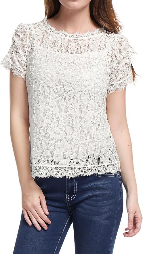 Allegra K Women's Scalloped Trim See Through Semi Sheer Floral Lace Top | Amazon (US)