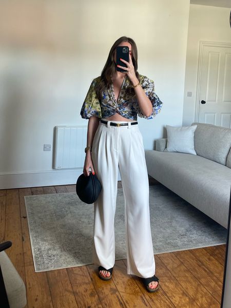 Holiday outfit styling 
Zara top, XS 4786/266
Stradivarius cream/white trousers, I wear the size 8 
Songmont bag (can’t link on here) 
Birkenstock black sandals
