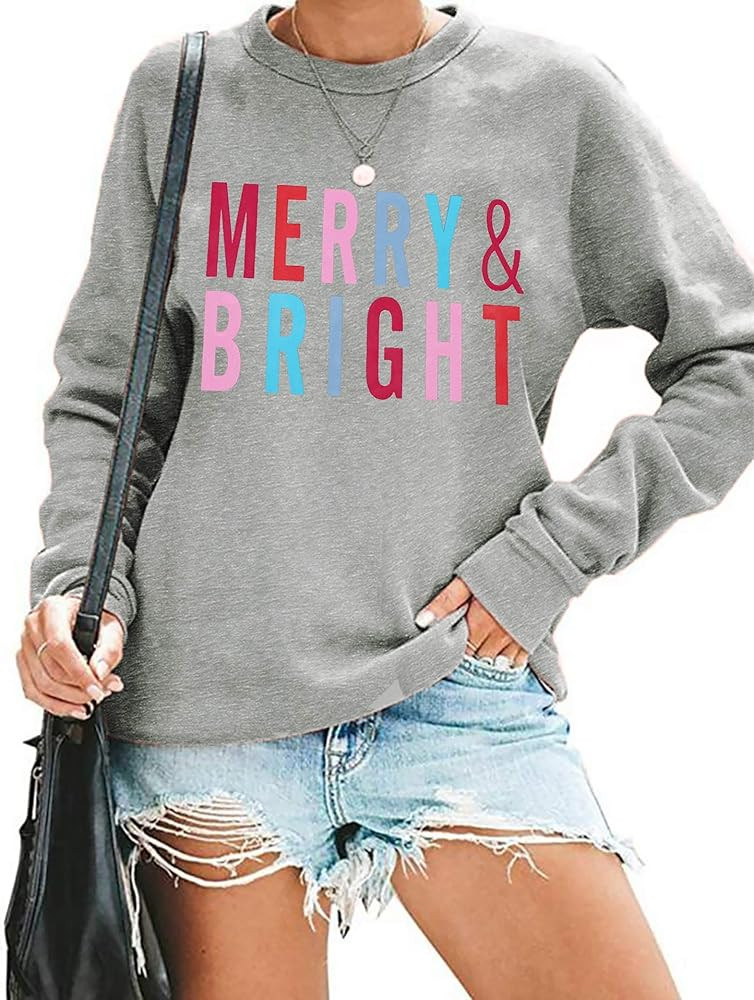 MOUSYA Christmas T-Shirt Women Merry Bright Colorful Letter Printed Sweatshirt Casual Long Sleeve... | Amazon (US)