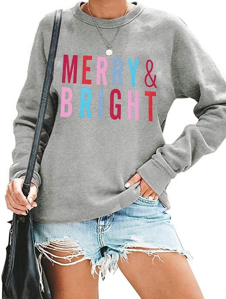 MOUSYA Christmas T-Shirt Women Merry Bright Colorful Letter Printed Sweatshirt Casual Long Sleeve... | Amazon (US)