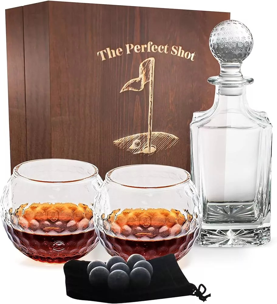 The Wine Savant Golf Club Whiskey Decanter and 4 Liquor Glasses - Whisky Decanter & Glass Set