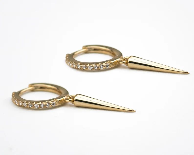 Spike cz gold hoop earrings, Spike hoops, Cz gold charm hoop earrings, Minimalist spike hoops, Cz... | Etsy (US)