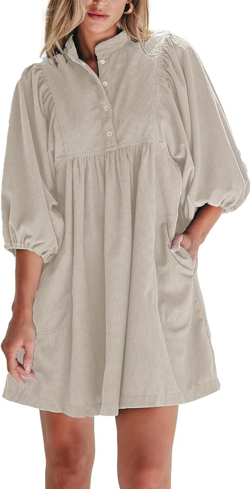 Womens Casual Dresses Corduroy Button Up Empire Waist 3/4 Sleeve Fall Winter Mini Babydoll Dress | Amazon (US)