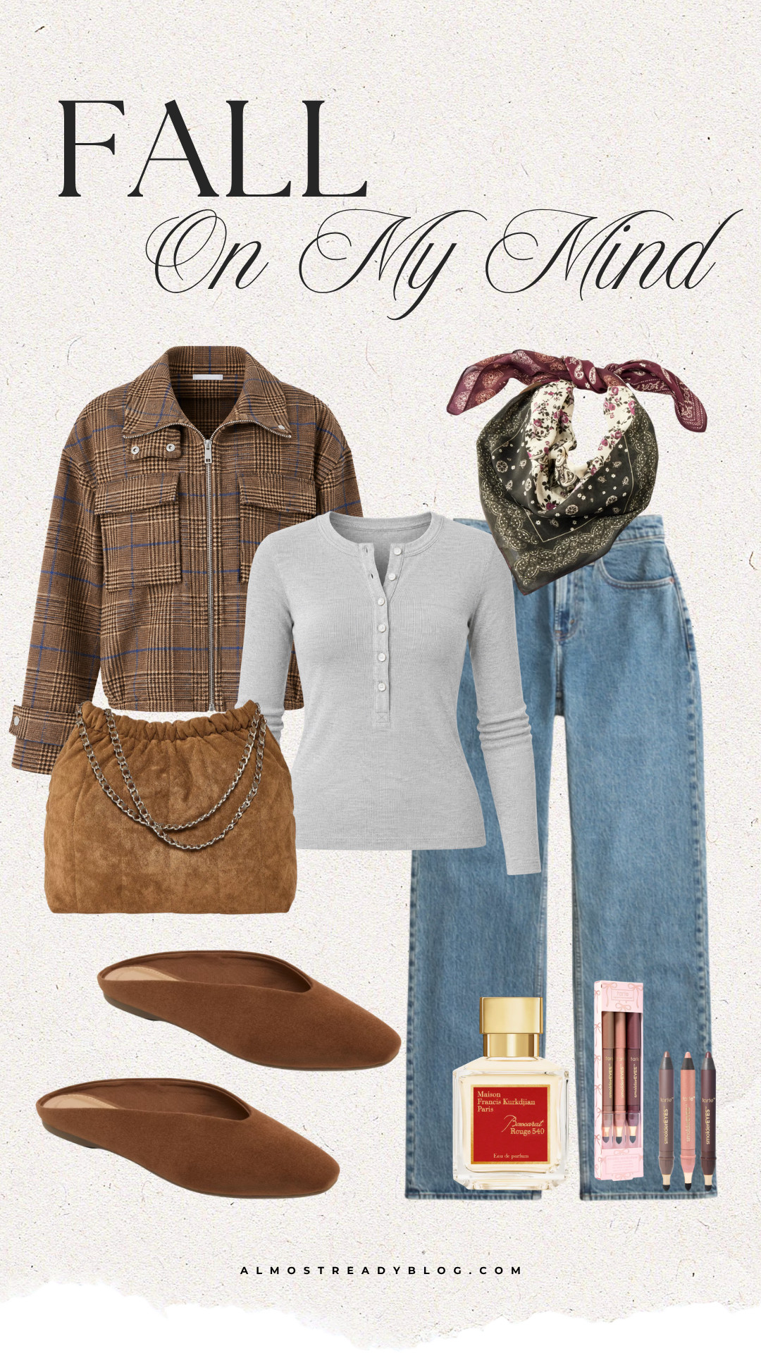 An easy fall outfit with a plaid jacket, classic denim, brown flats and layered accessories. Baccarat Rouge is 15% off. ALMOSTREADY15 - 15% off the holiday collection with my exclusive @Tarte code!

fall outfit inspiration, casual fall outfit, fall fashion, plaid jacket outfit, straight leg jeans, brown flats, fall accessories, layered fall outfit, everyday fall style, fall wardrobe

#LTKOver40 #LTKSaleAlert