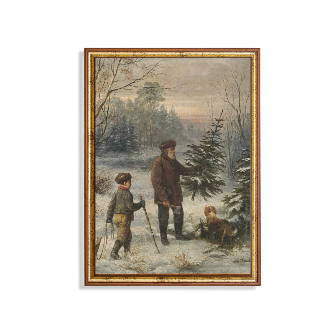 Vintage Winter Forest Oil Painting: Father & Son Christmas Tree Print - Etsy | Etsy (US)