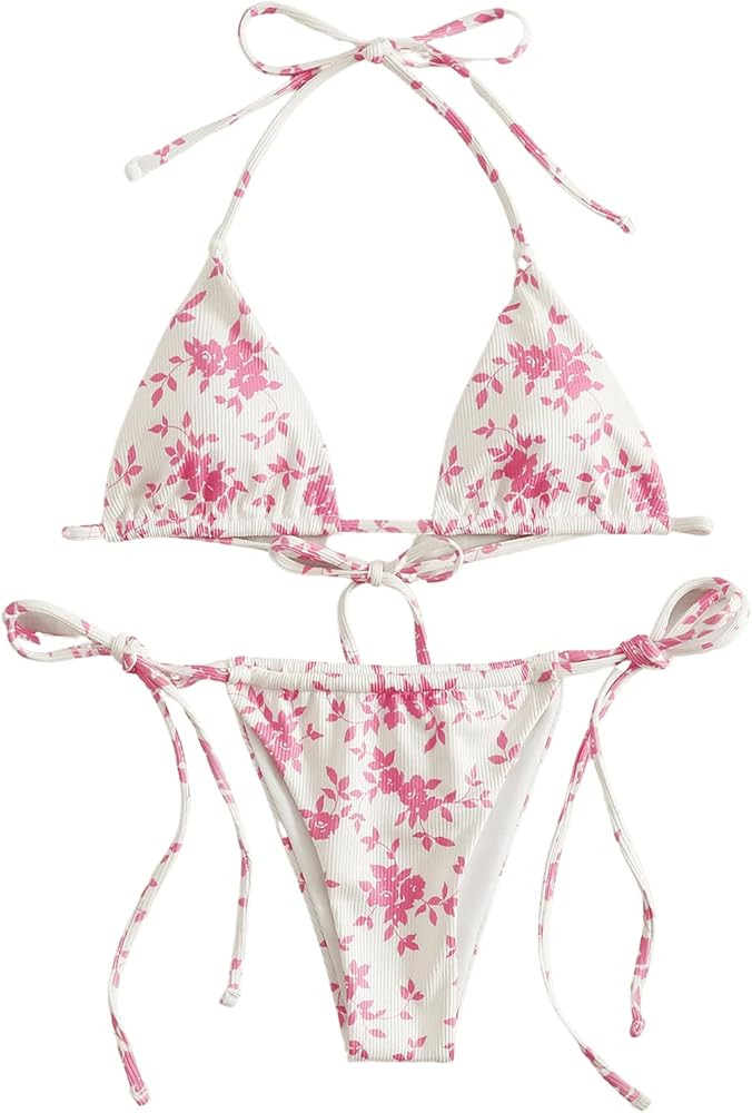 SOLY HUX Women's Floral Print Halter Triangle Tie Side Bikini Set Two Piece Swimsuits | Amazon (US)