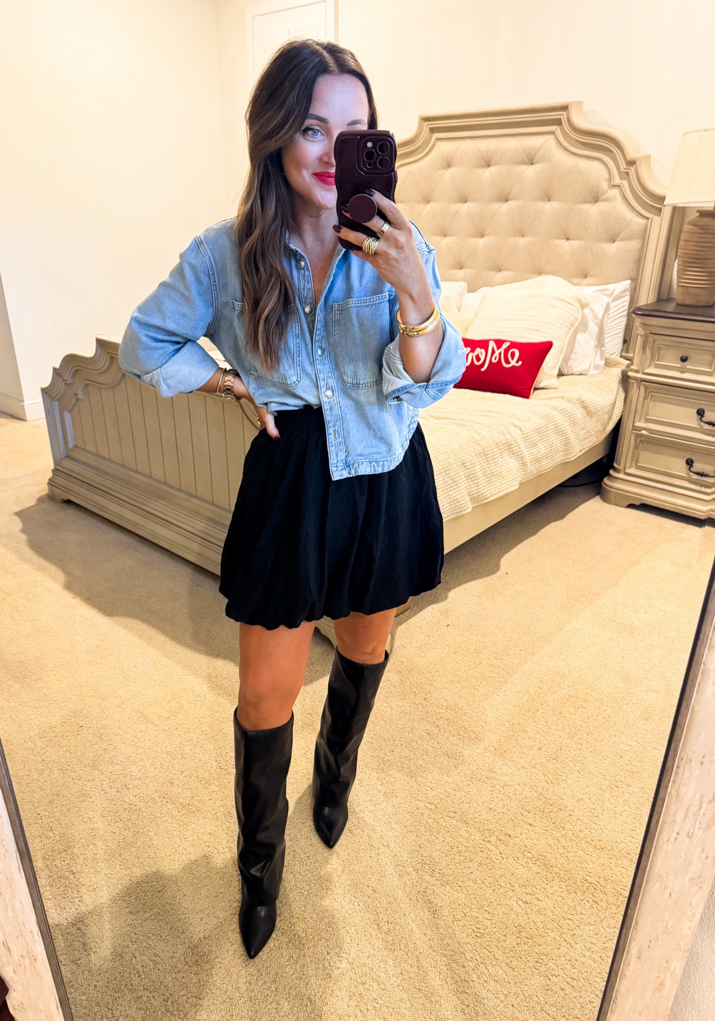 Top / Skirt - M (tts, could size down in both); lipstick shade - Boss
5’2” 145 lbs 
—
Madewell denim | Madewell top | Denim top | Denim shirt | Bubble hem | Bubble skirt | Amazon skort | Country concert outfit | Date night look | Red lipstick

#LTKootd #LTKFindsUnder50 #LTKSeasonal