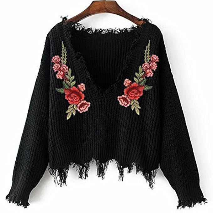 LifeShe 2017 Flower Embroidered Distressed V neck Sweaters and Pullovers | Amazon (US)
