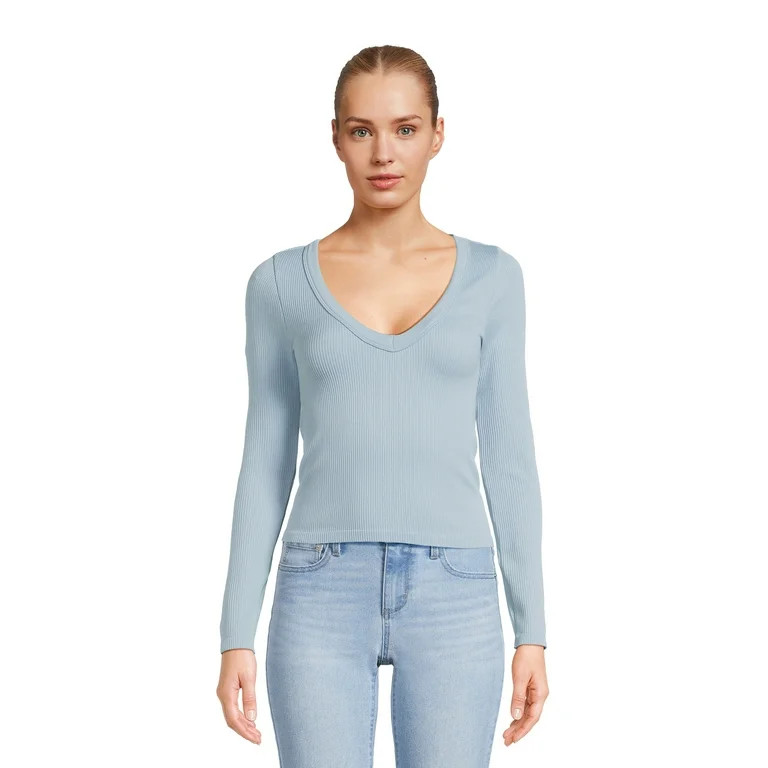 No Boundaries Juniors V-Neck Seamless Tee | Walmart (US)