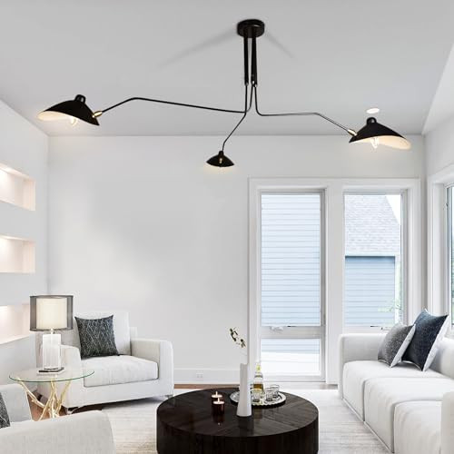 63" Mid-Century Modern Chandelier, Matt Black Adjustable 3-Arms Large Pendant Lighting Fixture fo... | Amazon (US)