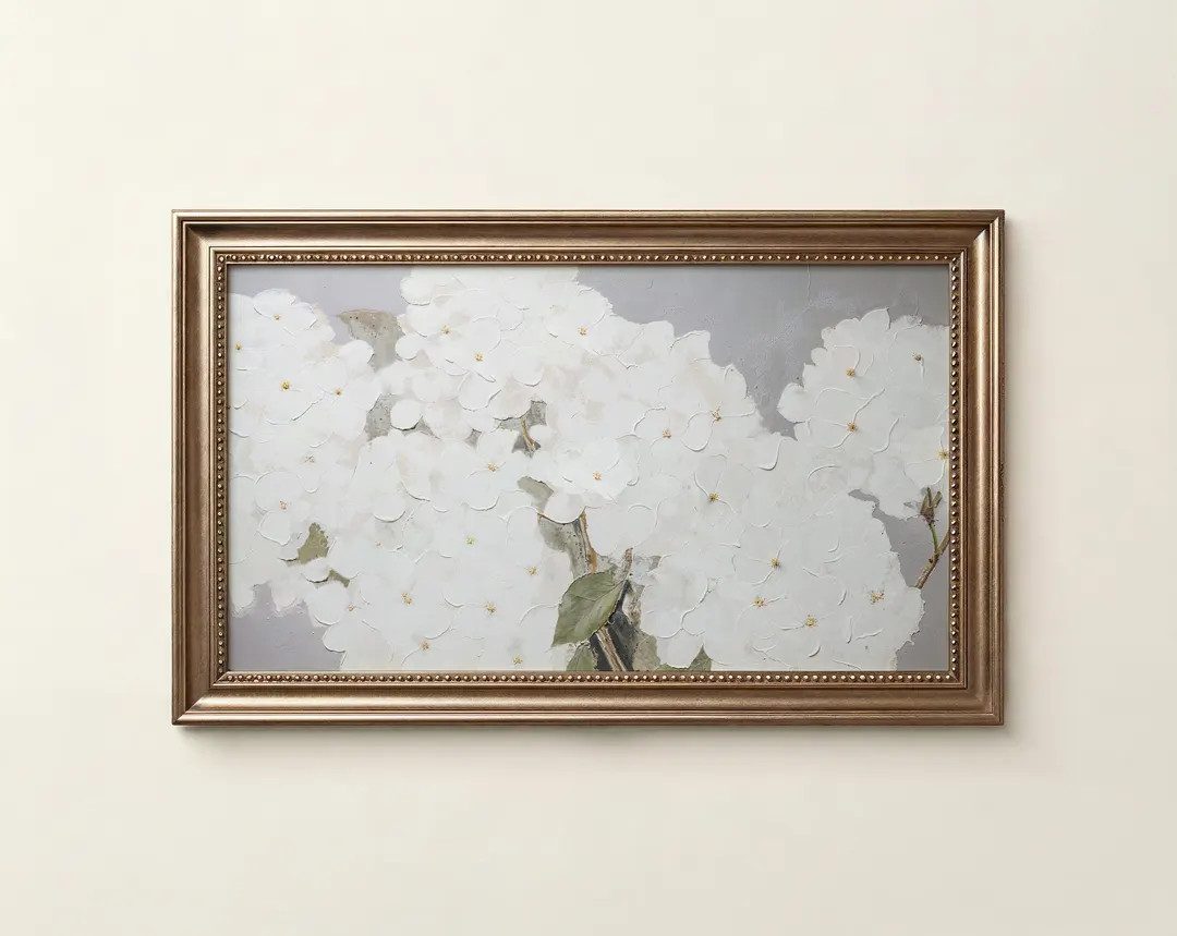 White Hydrangeas Frame TV Art, Modern Textured Spring Summer Floral Screensaver, Neutral Artwork | Etsy (US)