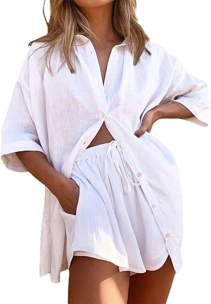 Womens 2 Pieces outfit Summer Cotton Linen Half Sleeve Lapel T-Shirt+Drawstring Shorts | Amazon (US)