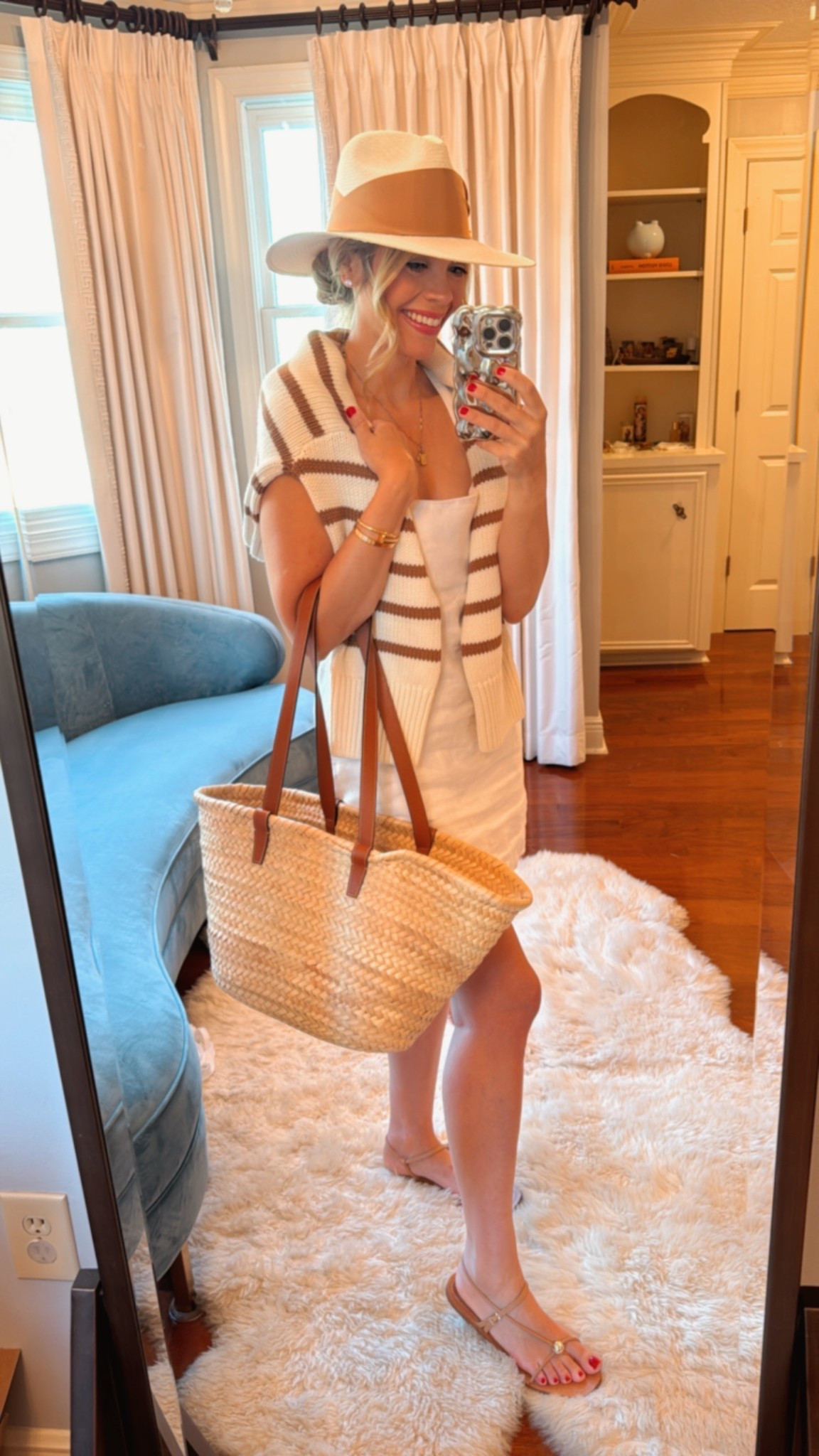 Summer Outfit, white linen dress, posse dress, shea mcgee sweater, tuckernuck sweater, stripe sweater, brown and white stripe, Loeffleur Randall, nude sandals, summer sandals, sandals, straw bag, raffia tote, fedora, straw hat 

#LTKSeasonal #LTKShoeCrush #LTKSummerEdit