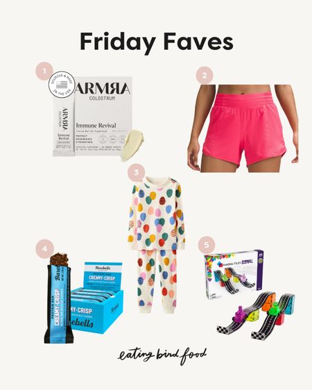 Friday Faves 🩷 🛍️
1️⃣ Okay, I think this stuff actually works. Everyone in my house is sick (yes, again) except me and this is the only thing I’ve been taking that’s different. I also didn’t get the flu when everyone in the house had it. 
2️⃣ These shorts are so comfy, high-rise and lined. I have them in lip gloss color which is perfect for summer and on sale right now for less than $50. 
3️⃣ Hanna Andersson is having a 25% off weekend sale and these Easter pjs are so cute!
4️⃣ I’m still loving these protein bars and I got Isaac hooked too. The Creamy Crisp flavor is our favorite. 
5️⃣ Both of my kiddos are super into Magna-Tiles right now and they just got this downhill set. These kits make such a good gift. 


#LTKkids #LTKSeasonal #LTKfitness