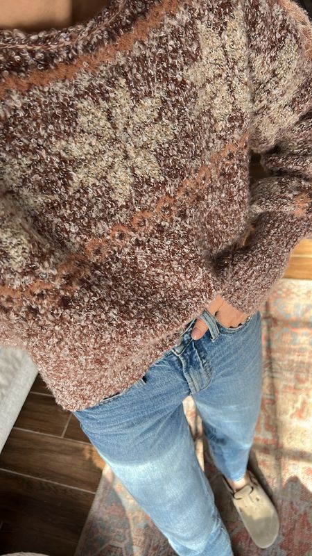 Wearing a small in this sweater, so soft & comfy! The colors are even prettier in person & festive but not over the top! 
Sized down in jeans & wearing the regular length
Birkenstock boston
Birkenstock clogs 

#LTKSeasonal #LTKHoliday