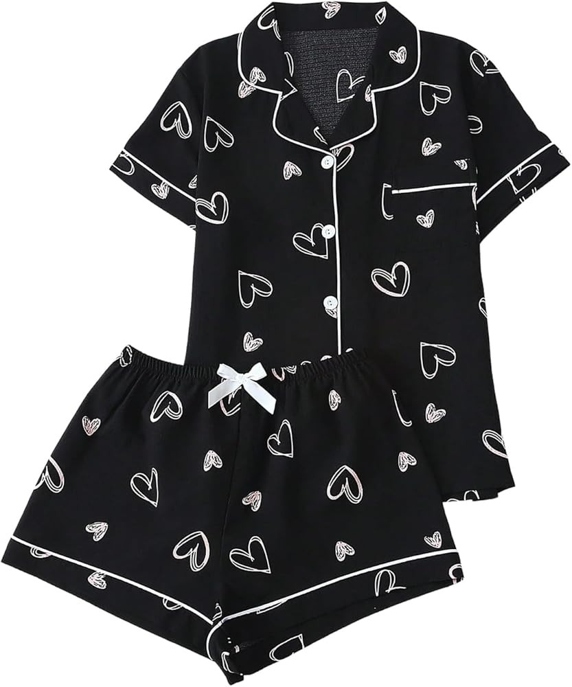 SHENHE Women's 2 Piece Pajama Set Heart Print Button Down Short Sleeve Pj Shorts Set Sleepwear | Amazon (US)