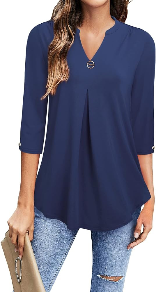 VALOLIA Womens Tops 3/4 Sleeve Shirts V Neck Blouses Dressy Casual Tunic Tops M-XXL | Amazon (US)