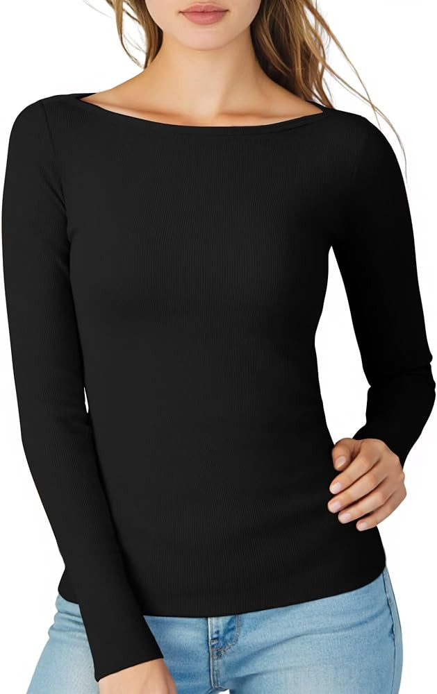 Womens Boat Neck Tops Long Sleeve, Basic Tee Shirt Ribbed Slim Fitted Casual Office T-Shirt | Amazon (US)