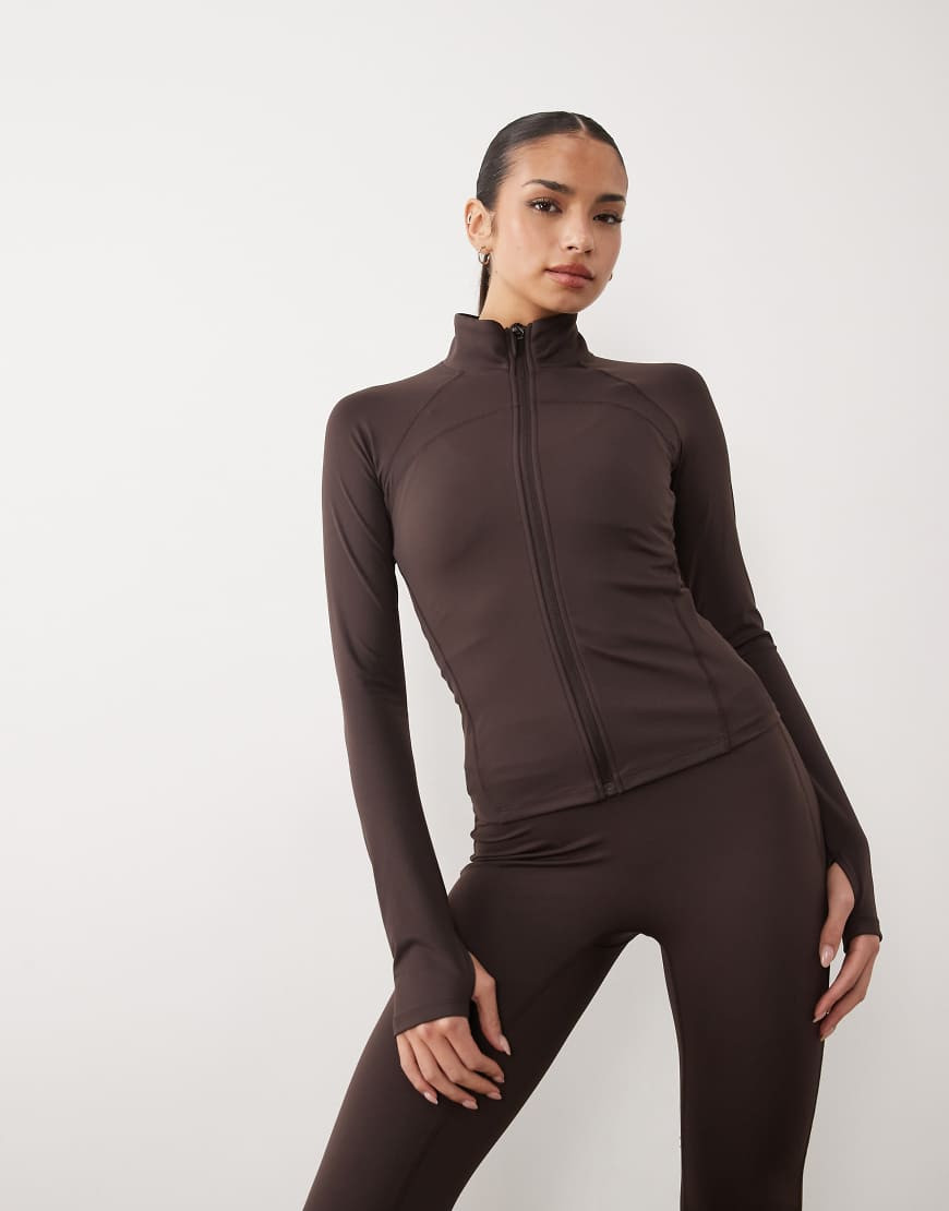 Gina Tricot mix and match zip up yoga jacket in chocolate brown | ASOS (Global)