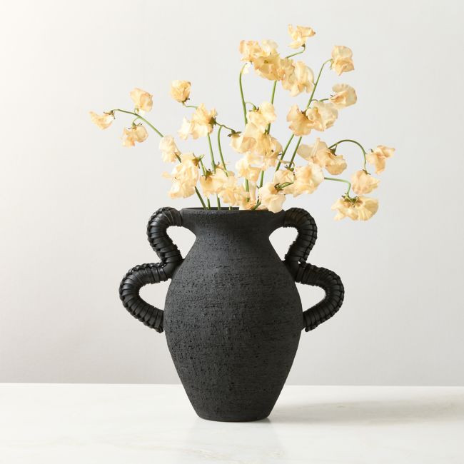 Lilith Black Ceramic Vase with Leather Handles | CB2