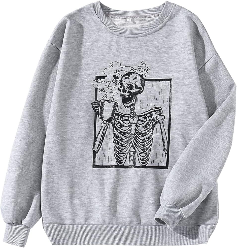 CM C&M WODRO Women Halloween Sweatshirts Skeleton Coffee Shirt Long Sleeve Skull Graphic Hoodie V... | Amazon (US)