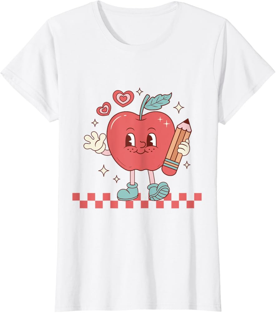 Cute Retro Checkered Apple with Face Teacher Pencil Trendy T-Shirt | Amazon (US)
