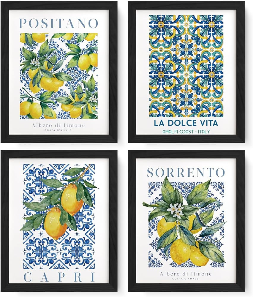 JXREQ Blue and White Lemon Italy Kitchen Posters Wall Art Prints Set of 4, Vintage Lemon Floral B... | Amazon (US)