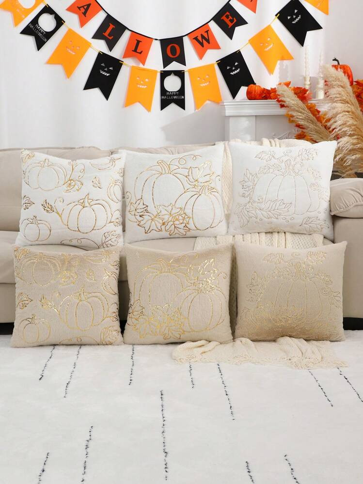 1st herfst/winter pluche pompoen goudfolie decoratieve sierkussenhoes, voor woonkamer/slaapkamer | SHEIN