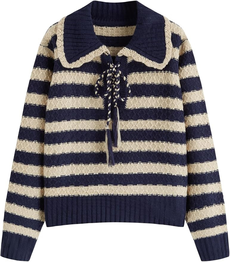 CIDER Striped Sweaters for Women Collar Knit Long Sleeve Knotted Loose Fit Pullover Winter Sweate... | Amazon (US)
