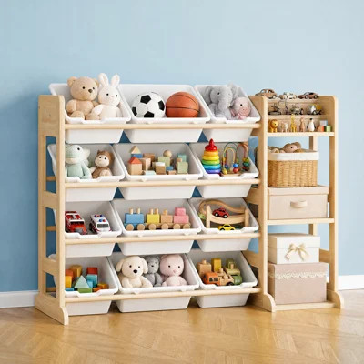 Kids Toy Storage Organizer, 12 Bins & 3 Open Shelves Wooden Storage Cabinet, Solid Wood Toy Shelf for Playroom, Bedroom & Living Room | Wayfair North America