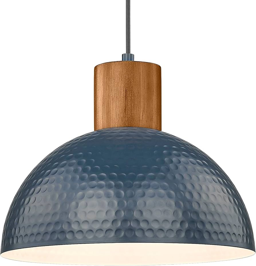 ELYONA Industrial Pendant Light 12" Hammered Metal Dome Hanging Lamp Solid Wood Pendant Light Fix... | Amazon (US)