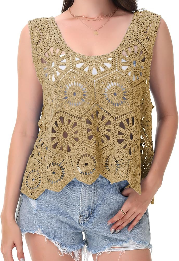 Anna-Kaci Women's Crochet Knit Tank Top with Hollow Flower Sleeveless Boho Lace Cover Up | Amazon (US)