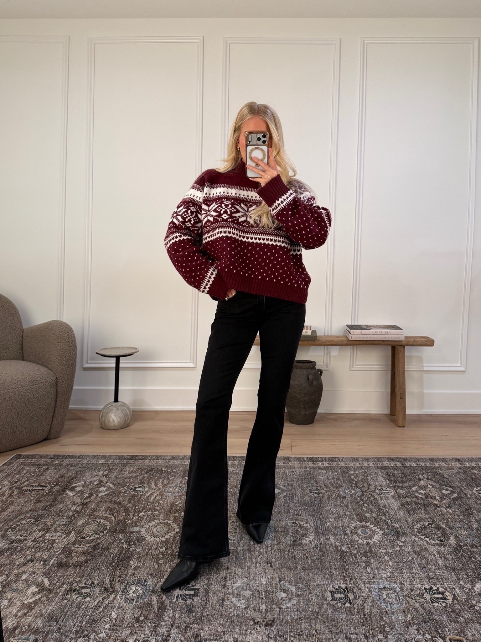 Wearing a large in sweater, 27 reg in jeans (sized up for pregnancy), shoes are true to size. 
#kathleenpost

Holiday outfit, festive outfit, casual holiday party, holiday sweater, Christmas sweater, fair isle, apres ski

#LTKSeasonal #LTKootd #LTKHoliday